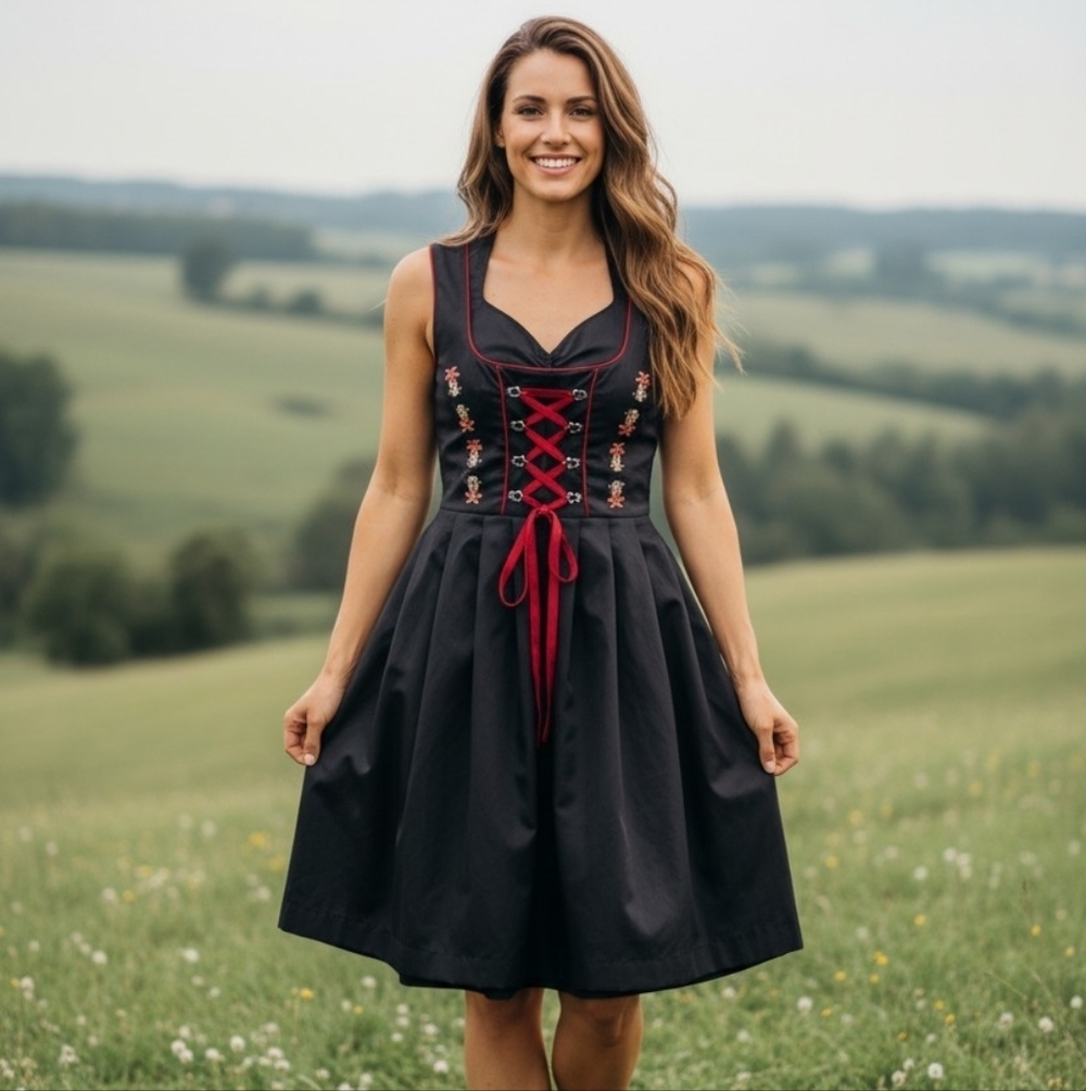 Small Jasambac Black Sleeveless Dirndl Dress with Red Lace-Up Accent